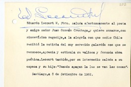 [Tarjeta] 1962 septiembre 3, Santiago, Chile [a] Juan Guzmán Cruchaga  [manuscrito] Eduardo Lecourt.