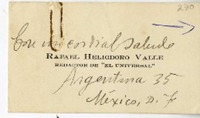 [Tarjeta] [1946] México [a] Juan Guzmán Cruchaga  [manuscrito] Rafael Heliodoro Valle.