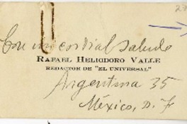 [Tarjeta] [1946] México [a] Juan Guzmán Cruchaga  [manuscrito] Rafael Heliodoro Valle.