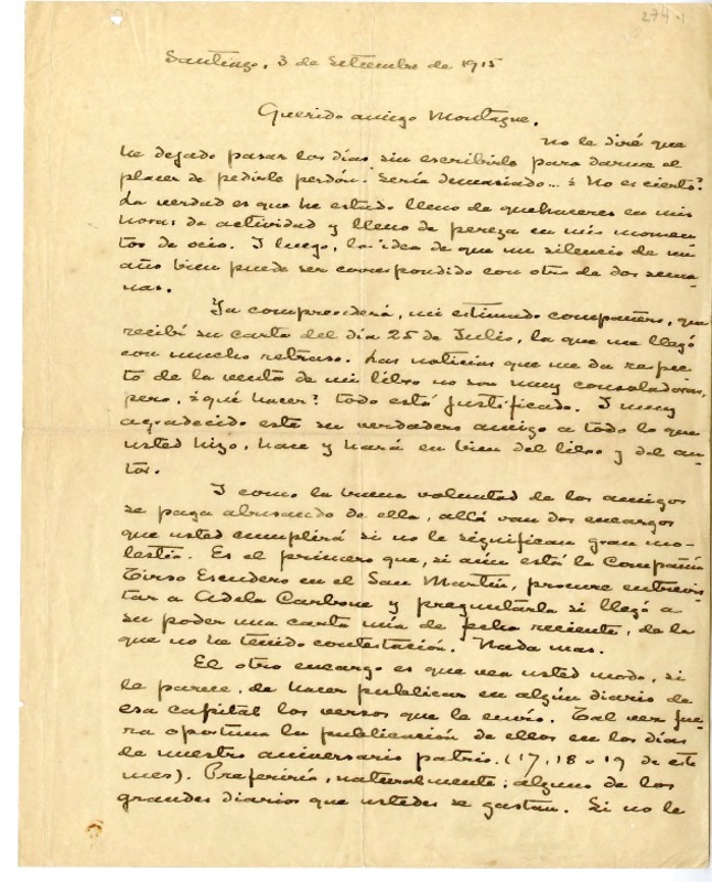 [Carta] 1915 septiembre 3, Santiago, Chile [a] Edmundo Montagne  [manuscrito] Manuel Magallanes Moure.