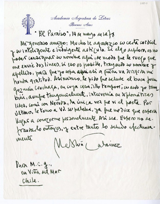 [Carta] 1978 marzo 14, Buenos Aires, Argentina [a] María Carolina Geel  [manuscrito] Manuel Mujica Lainez.