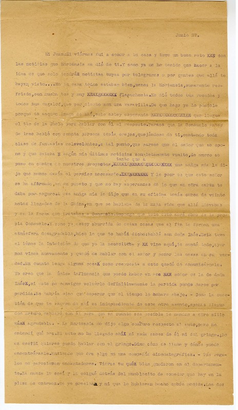 [Carta] [entre 1923 y 1928] junio 27, Santiago, Chile [a] Juan Guzmán Cruchaga  [manuscrito] Marta Brunet.