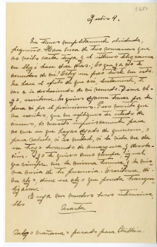 [Carta] [entre 1923 y 1928] julio 4, Santiago, Chile [a] Juan Guzmán Cruchaga  [manuscrito] Marta Brunet.