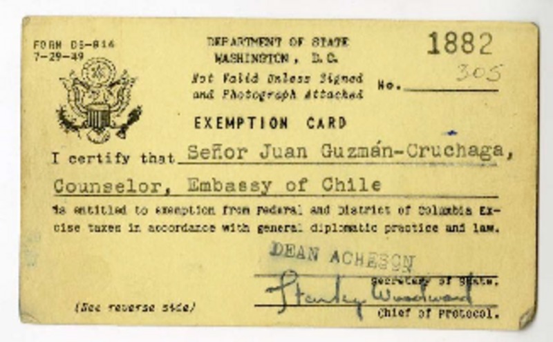 [Pase diplomático] 1949 julio 7, Washington [a] Juan Guzmán Cruchaga  [manuscrito]