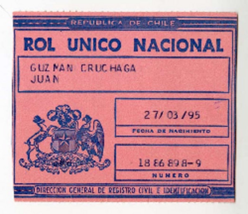 [Rol Único Nacional] [1970] Santiago, Chile [de] Juan Guzmán Cruchaga  [manuscrito] Registro Civil (Chile).