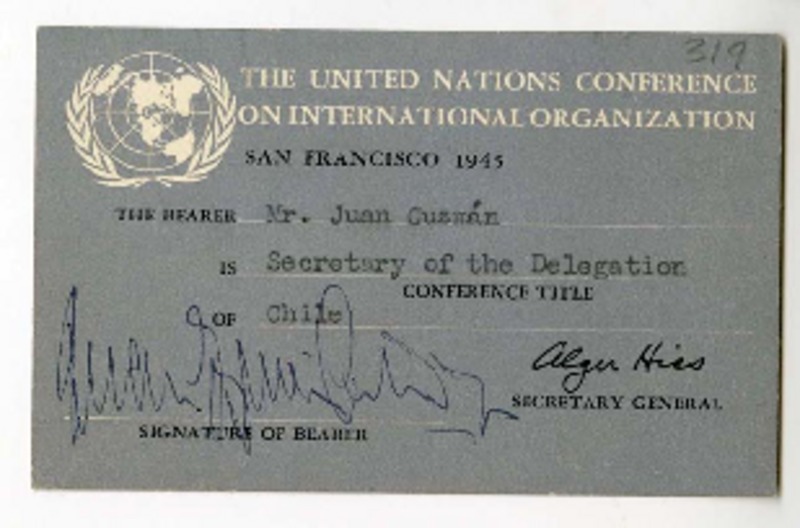 [Pase diplomático] 1945, San Francisco [a] Juan Guzmán Cruchaga  [manuscrito] Naciones Unidas.