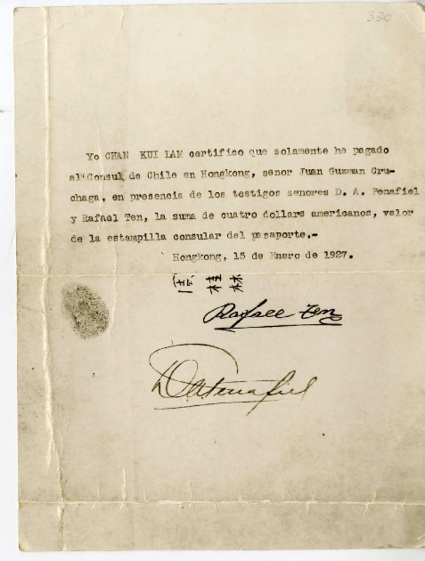 [Certificado de pago] 1927 enero 15, Hong Kong, Japón [a] Juan Guzmán Cruchaga  [manuscrito] Chan Kui Lam.