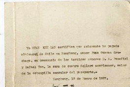 [Certificado de pago] 1927 enero 15, Hong Kong, Japón [a] Juan Guzmán Cruchaga  [manuscrito] Chan Kui Lam.