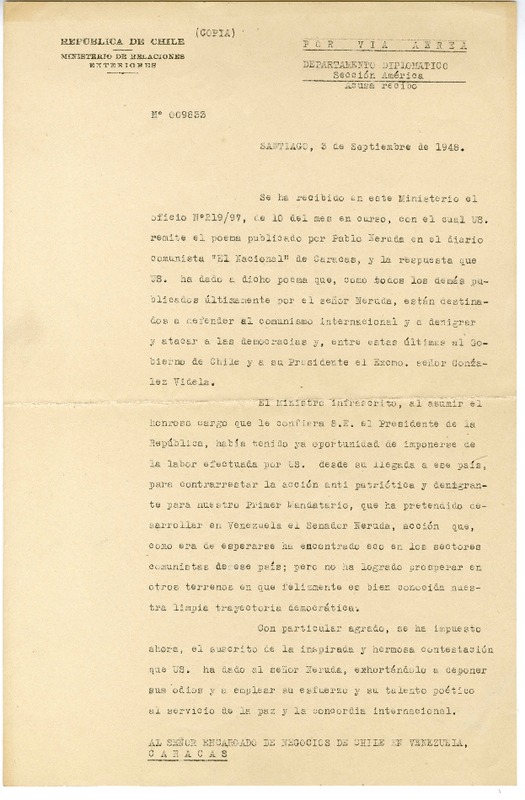 [Oficio Consular N°9833] 1948 septiembre 3, Santiago, Chile [a] Juan Guzmán Cruchaga  [manuscrito] Germán Ignacio Riesco Errázuriz.