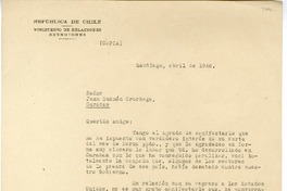 [Carta] 1948 abril, Santiago, Chile [a] Juan Guzmán Cruchaga  [manuscrito] Gabriel González Videla.