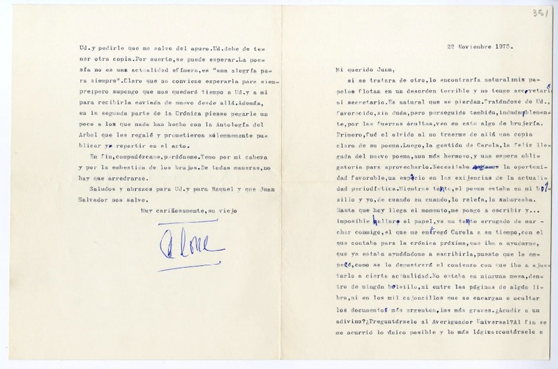 [Carta] 1975 noviembre 22, Santiago, Chile [a] Juan Guzmán Cruchaga  [manuscrito] Hernán Díaz Arrieta.