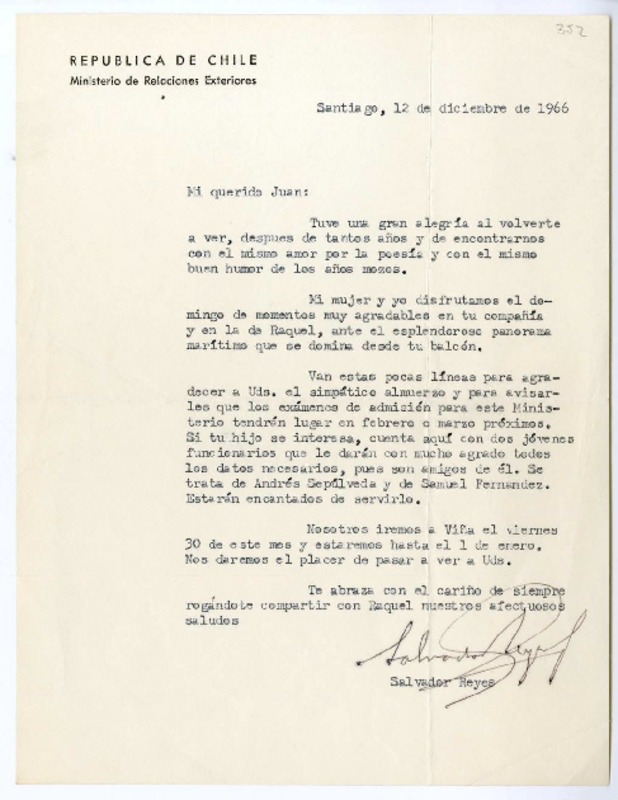 [Carta] 1966 diciembre 12, Santiago, Chile [a] Juan Guzmán Cruchaga  [manuscrito] Salvador Reyes.