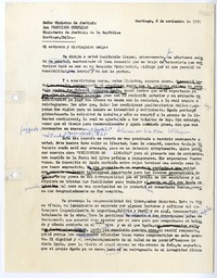 [Carta] 1991 noviembre 6, Santiago, Chile [al] Señor Ministro de Justicia, Don Francisco Cumplido, Ministerio de Justicia de la República, Santiago, Chile  [manuscrito] Matilde Ladrón de Guevara.