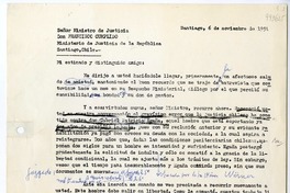 [Carta] 1991 noviembre 6, Santiago, Chile [al] Señor Ministro de Justicia, Don Francisco Cumplido, Ministerio de Justicia de la República, Santiago, Chile  [manuscrito] Matilde Ladrón de Guevara.