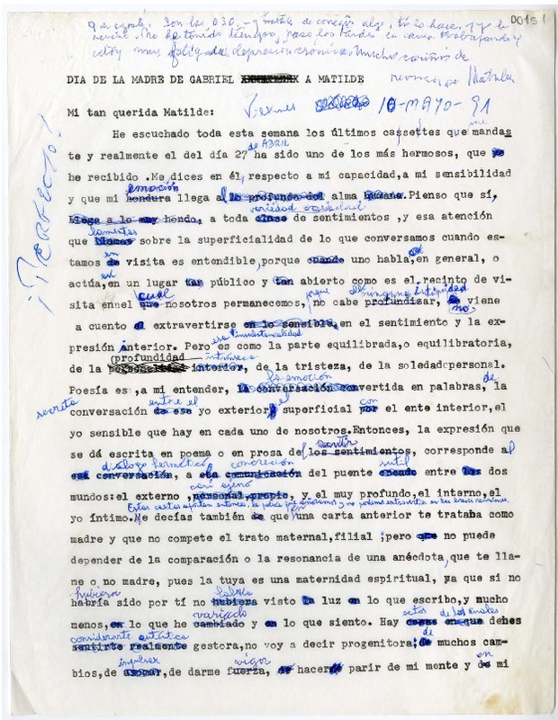 [Carta] 1991 mayo 10, Santiago, Chile [a] Matilde Ladrón de Guevara  [manuscrito] Gabriel Egaña.