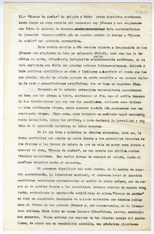 "Tiempo de arañas" de Quijada y Baño  [manuscrito] [Matilde Ladrón de Guevara].