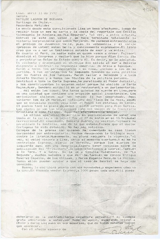 [Carta] 1992 abril 13, Lima, [Perú] [a la] Señora Matilde Ladrón de Guevara, Santiago de Chile  [manuscrito]