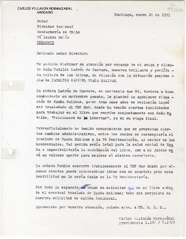 [Carta] 1991 enero 20, Santiago, Chile [al] Señor Director Nacional, Gendarmería de Chile, Don Isidro Solís, Santiago, Chile  [manuscrito] Carlos Villalón Hormazábal.