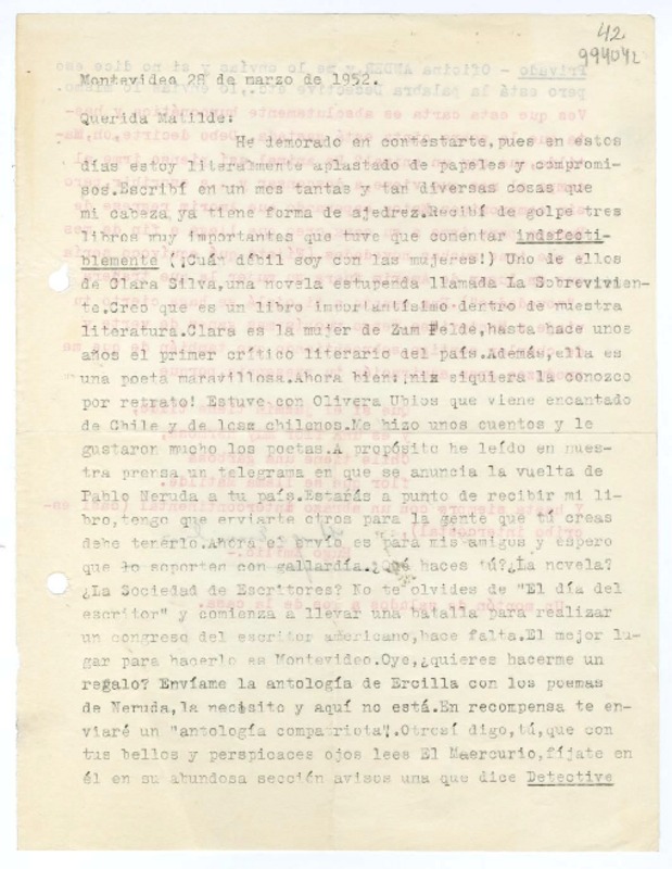 [Carta] 1952 marzo 28, Montevideo, [Uruguay] [a la] Querida Matilde  [manuscrito] Hugo Emilio [Pedemonte].