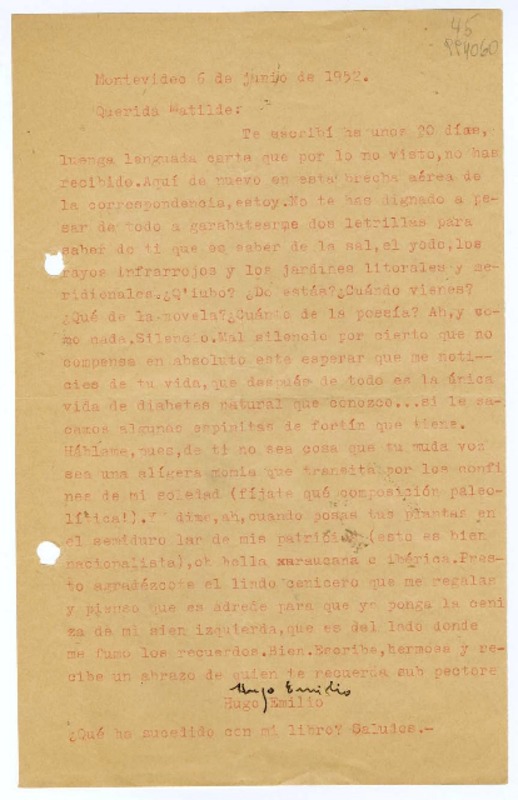 [Carta] 1952 junio 6, Montevideo, [Uruguay] [a la] Querida Matilde  [manuscrito] Hugo Emilio [Pedemonte].