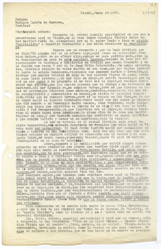 [Carta] 1952 junio 19, Vicuña, [Chile] [a la] Señora Matilde Ladrón de Guevara, Santiago, [Chile]  [manuscrito] Isolina B. de Estay.
