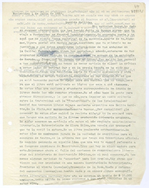 [Carta] 1952 julio 1, Montevideo, [Uruguay] [a la] Querida Matilde  [manuscrito] Hugo Emilio [Pedemonte].