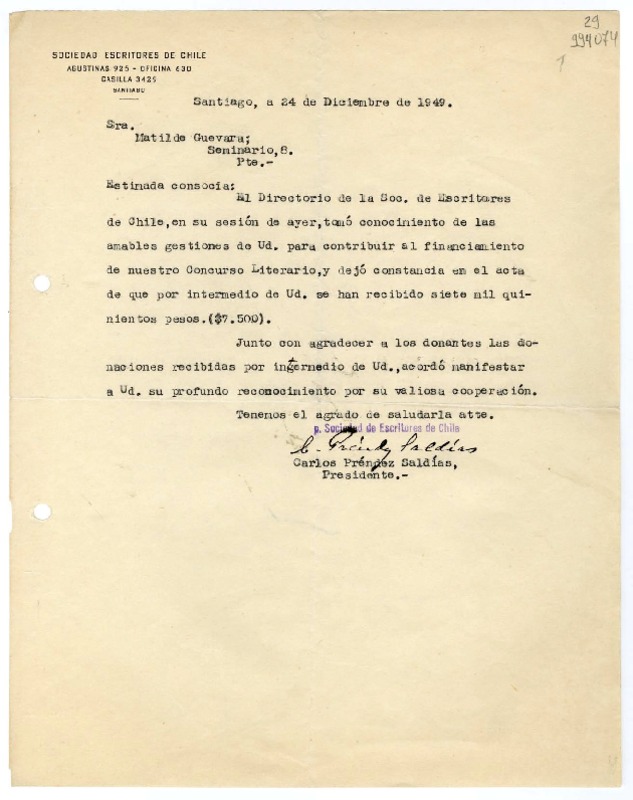 [Carta] 1949 diciembre 24, Santiago, [Chile] [a] Matilde Ladrón de Guevara  [manuscrito] Carlos Préndez Saldías.