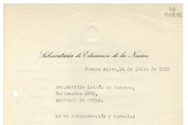 [Carta] 1952 julio 24, Buenos Aires, [Argentina] [a la] Sra. Matilde Ladrón de Guevara, Santiago de Chile  [manuscrito] Tomás de Lara.