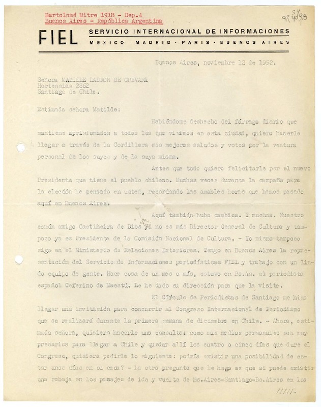 [Carta] 1952 noviembre 12, Buenos Aires, República Argentina [a la] Señora Matilde Ladrón de Guevara, Santiago de Chile  [manuscrito] Hellmuth von Engels.