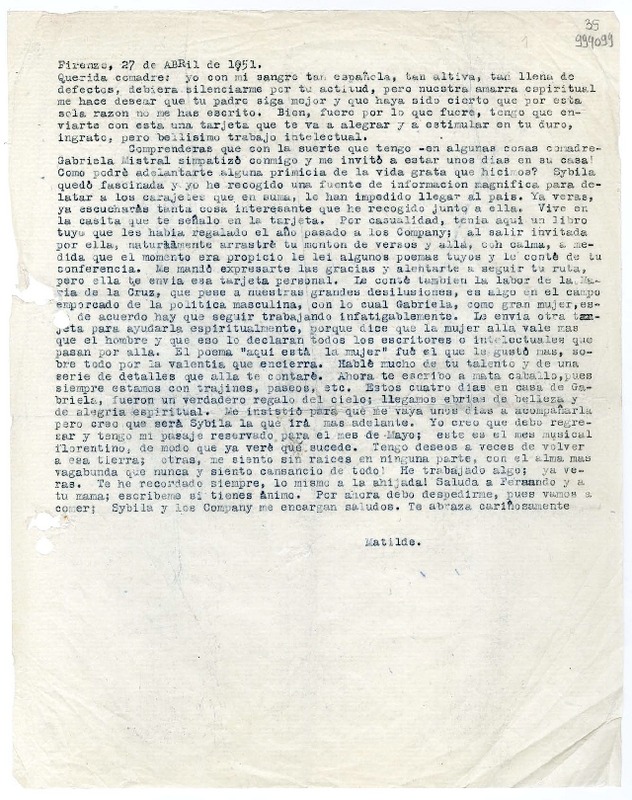 [Carta] 1951 abril 27, Firenze, [Italia] [a] Querida comadre [María de la Cruz]  [manuscrito] Matilde Ladrón de Guevara.