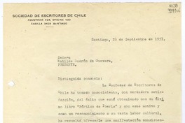 [Carta] 1951 septiembre 26, Santiago, [Chile] [a] Matilde Ladrón de Guevara  [manuscrito] Carlos Préndez Saldías, Presidente ; Benjamín Morgado, Secretario.