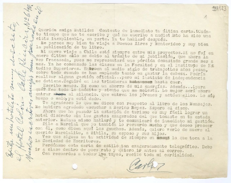 [Carta] 1951, Argentina [a] Querida amiga Matilde  [manuscrito] Carlos [Sabat].