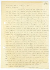 [Carta] 1952 abril 19, Montevideo, [Uruguay] [a] Querida Matilde  [manuscrito] Hugo Emilio.
