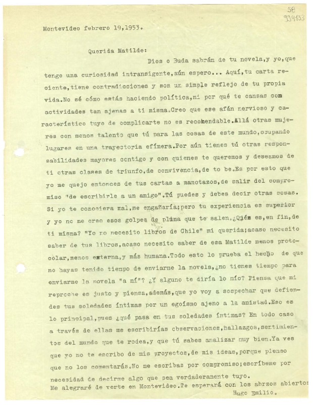 [Carta] 1953 febrero 19, Montevideo, [Uruguay] [a] Querida Matilde  [manuscrito] Hugo Emilio Pedemonte.