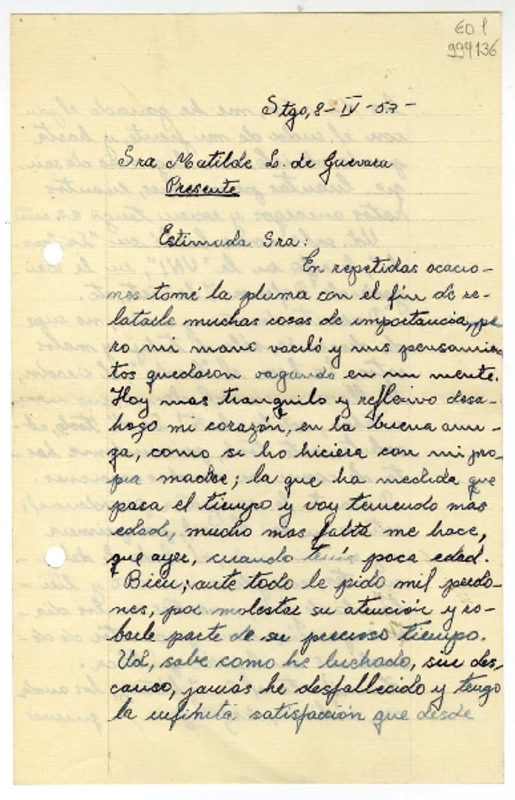 [Carta] 1953 abril 8, Santiago, [Chile] [a] Matilde Ladrón de Guevara  [manuscrito] Raúl Hidalgo.