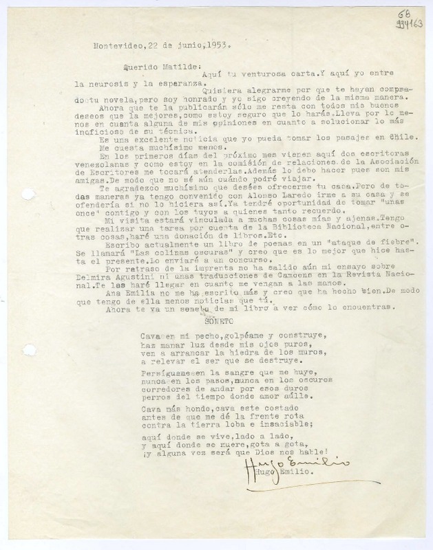 [Carta] 1953 junio 22, Montevideo, [Uruguay] [a] Querida Matilde  [manuscrito] Hugo Emilio Pedemonte.