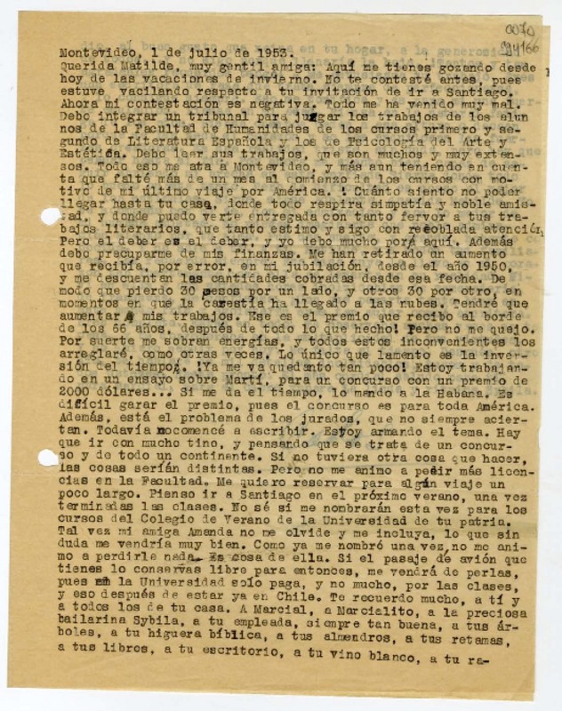 [Carta] 1953 julio 1, Montevideo, [Uruguay] [a] Querida Matilde  [manuscrito] Carlos [Sabat].