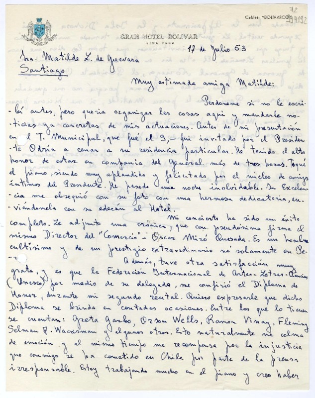 [Carta] 1953 julio 17, Lima, Perú [a] Matilde Ladrón de Guevara, Santiago  [manuscrito] Yascha Rein.