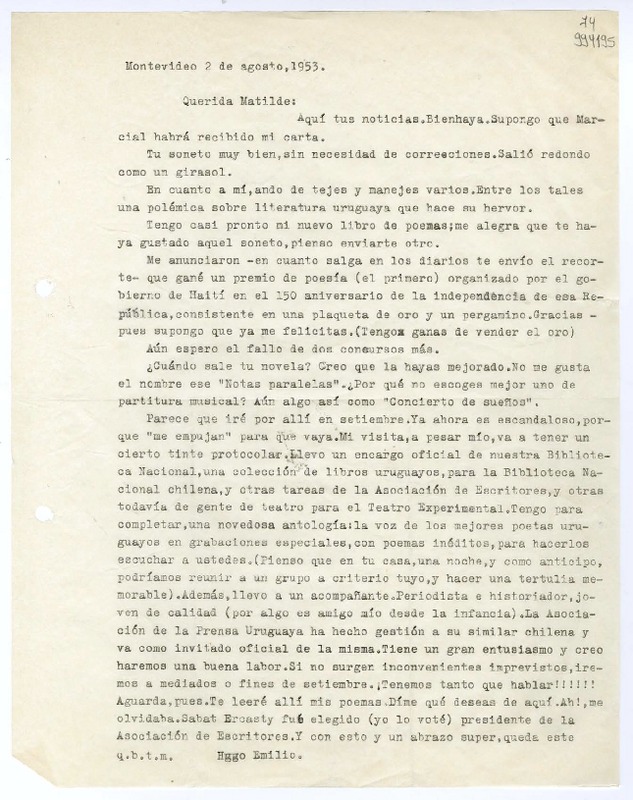 [Carta] 1953 agosto 2, Montevideo, [Uruguay] [a] Querida Matilde  [manuscrito] Hugo Emilio Pedemonte.