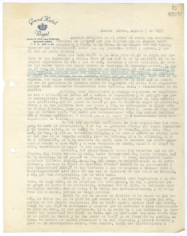 [Carta] 1953 agosto 5, Buenos Aires [a] Querida Matilde  [manuscrito].