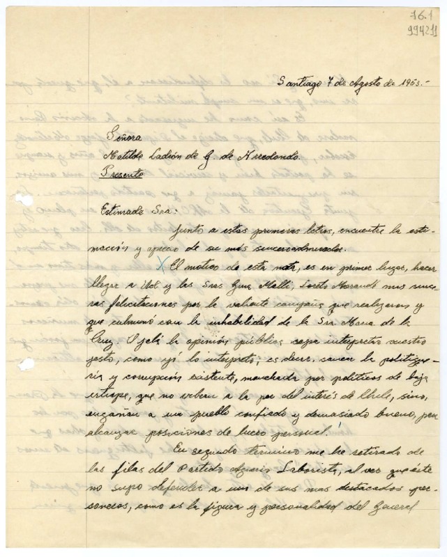 [Carta] 1953 agosto 7, Santiago, [Chile] [a] Matilde Ladrón de Guevara de Arredondo  [manuscrito] Raúl Hidalgo.