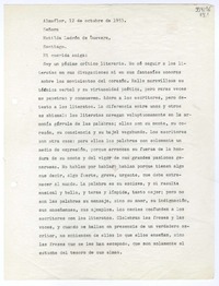 [Carta] 1953 octubre 12, Almaflor, [Santiago, Chile] [a] Matilde Ladrón de Guevara, Santiago  [manuscrito] Carlos Vicuña.