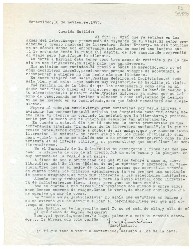 [Carta] 1953 noviembre 10, Montevideo, [Uruguay] [a] Querida Matilde  [manuscrito] Hugo Emilio.
