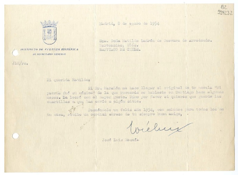 [Carta] 1954 enero 8, Madrid, España [a] Matilde Ladrón de Guevara de Arredondo, Santiago de Chile  [manuscrito] José Luis Messía y Jiménez.