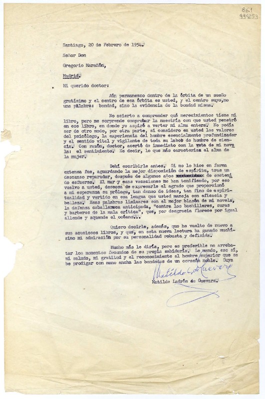 [Carta] 1954 febrero 20, Santiago, Chile [a] Gregorio Marañón, Madrid  [manuscrito] Matilde Ladrón de Guevara.