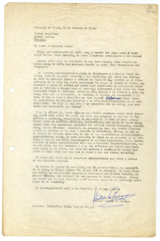 [Carta] 1954 febrero 25, Santiago de Chile [a] Isabel Sesto, Uruguay  [manuscrito] Matilde Ladrón de Guevara.