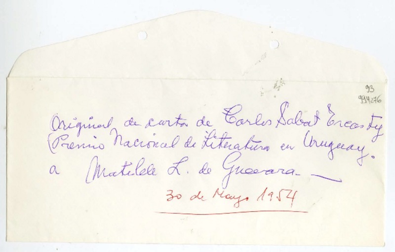 [Carta] 1954 mayo 30, Montevideo [a] Muy estimada Matilde  [manuscrito] Carlos [Sabat Ercasty].