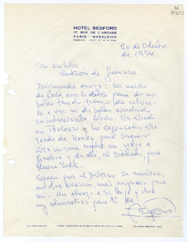 [Carta] 1954 octubre 20, [Paris, Francia] [a] Matilde Ladrón de Guevara  [manuscrito]