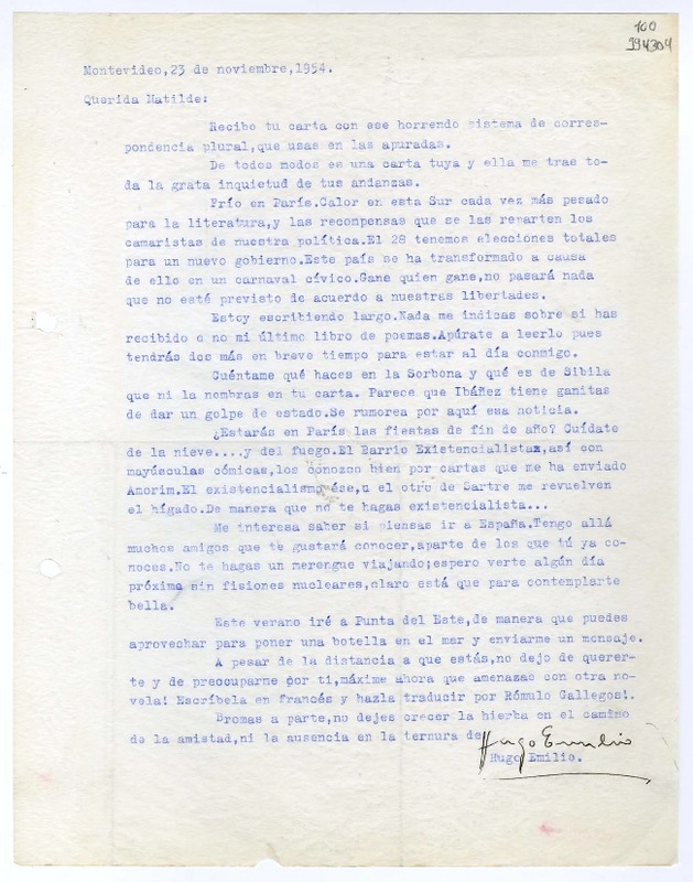 [Carta] 1954 noviembre 23, Montevideo [a] Querida Matilde  [manuscrito] Hugo Emilio (Pedemonte).