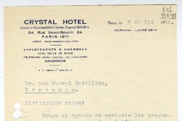 [Carta] 1954 diciembre 9, Paris [a] Marcel Bataillon  [manuscrito] Matilde Ladrón de Guevara.